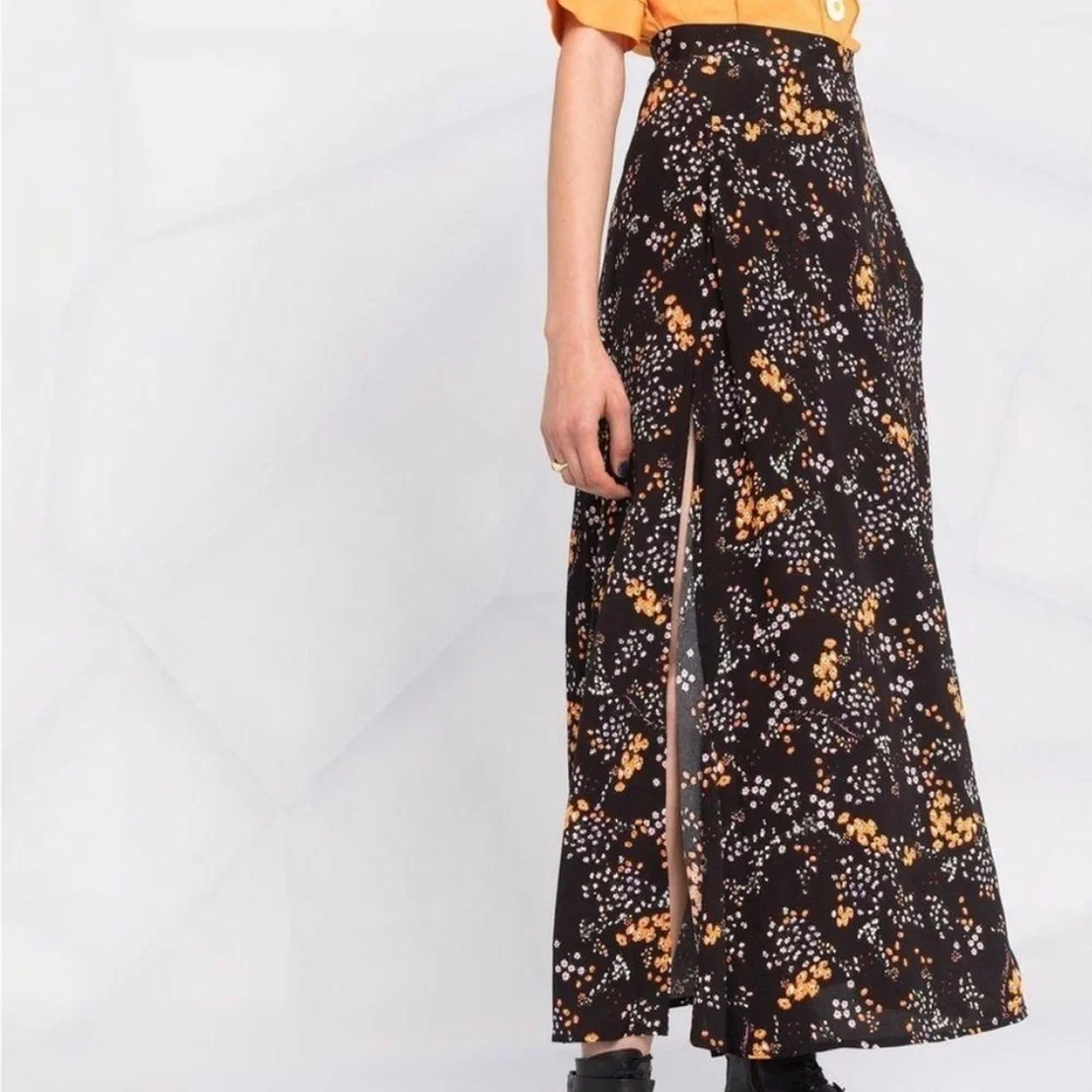 Zadig & Voltaire Judith Spark Flowers Ditsy Floral Logo Midi Skirt Slit Black XS - Picture 2 of 9